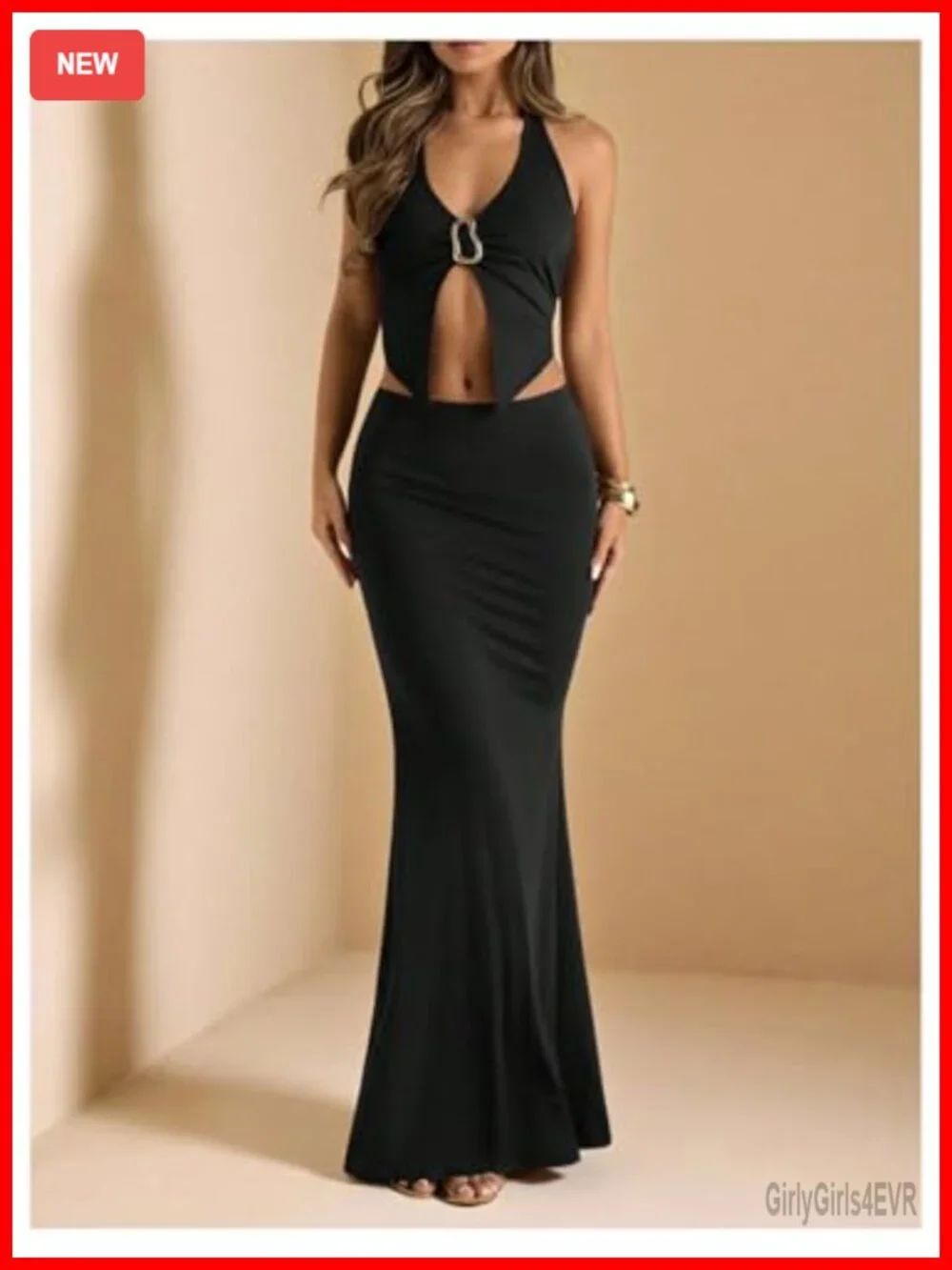 Two Piece Maxi Skirt Set Halter Neck Open Back Split Front Vacation Outfit